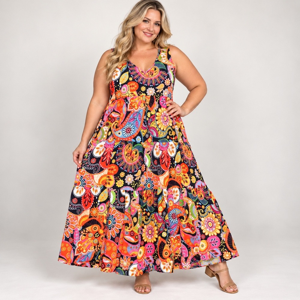 Paisley Floral Maxi Dress Women's XXL Multicolor Tiered V-Neck Boho